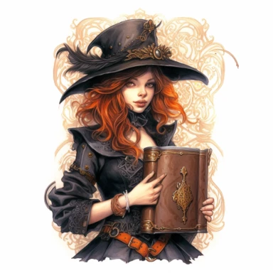 A beautifully painted cozy witch's spellbook in varying hues of captivating orange, yellow and black, leather bound, clasp, stunningly beautiful, refined and sophisticated, Hand drawn, Roberto Ferri, Clipart, watercolor, white background, intricate detail, degree angle