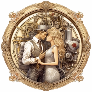 In the enchanting presence of a steampunk steam train, a couple's first kiss takes place, framed by the intricate gearwork and brass accents that adorn the classic locomotive, their love intertwined with the spirit of adventure. Ultra high quality, intricate detail, retro-futurism, pastel clipart, white background