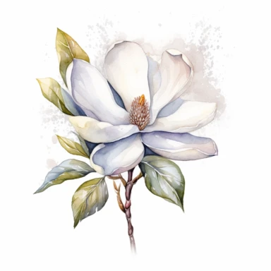 clipart magnolia, watercolor, white background, silver sequins