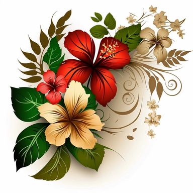 floral accent, blooming flowers like hibiscus, orchids, and plumeria. Use coral green and brown colors to make them look vibrant and fresh. clipart