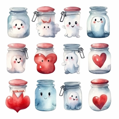 Collection of little flying baby ghost face, transparent glass jar and red love heart. Hand drawn watercolour graphic drawing on white, cutout clip art elements for print, invitations, banners, cards