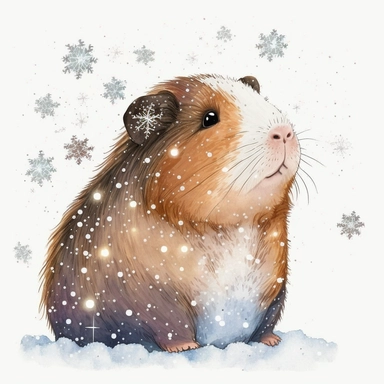 happy winter guinea pig at Christmas time, cartoon, glitter, stars, snowflakes, watercolor, white background, clipart