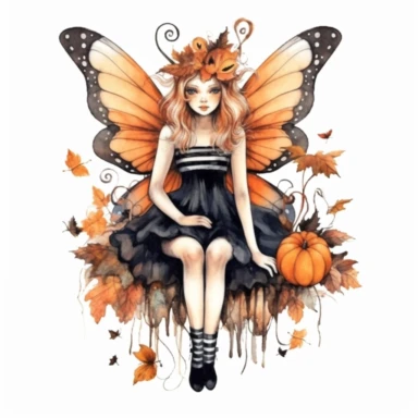 watercolor style Halloween fairy, clipart, large orange,wings, black white stripes, pumpkin, isolated on white background, in the style of Amy Brown, beautiful fall floral, bright color, crisp lines, chaos 8