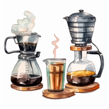 watercolor, Cezve and dripping filter machines for brewing coffee beverages. Isolated equipment and appliances for making coffee and tea drink. Cafe or home recipe. png Full body realistic cartoon in 32K UHD cute. 15 cm thick outline. Black color. There was no shadow on the ground. 8k with realistic watercolors and detailed illustrations. PNG clipart, transparent white background