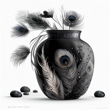 CLIPART WATERCOLOR BLACK VASE WITH WHITE MOISAIC ON IT, FILLED WITH WHITE AND BLACK PEACOCK FEATHERS