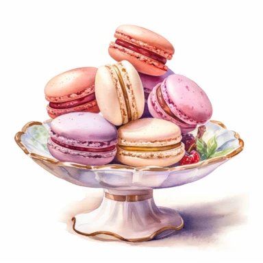 Macaroons served on a vintage china plate clipart, white background, watercolor sophisticated drawing
