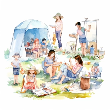 watercolor, happy families with children during outdoor recreation activities on summer holidays. Parents and kids eat, rest and play together. png Full body realistic cartoon in 32K UHD cute. 15 cm thick outline. Black color. There was no shadow on the ground. 8k with realistic watercolors and detailed illustrations. PNG clipart, transparent white background