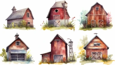 watercolor clipart set illustrations of old barns and sheds with flowers on white background