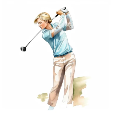 Idyllic watercolor clipart of a young modern female golfer with light hair in close-fitting Ralph Lauren trendy golf clothes standing upright taking a swinging golf shot, isolated on a pure white background, insane detail,