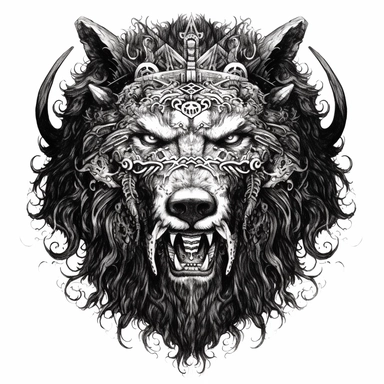 an intricate ink drawing of the face of a scary druidic bear demon, black and white, white background, clipart
