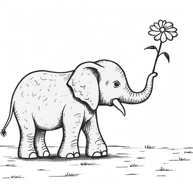 cute adorable elephant sniffing flower clipart black and white