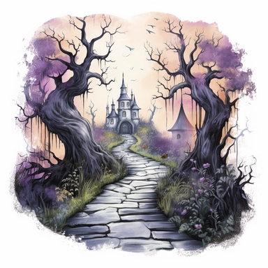 isolated illustration of a fantasy haunted path, eerie vibe, whimsical colors, watercolor illustration, high resolution clipart, isolated on white background