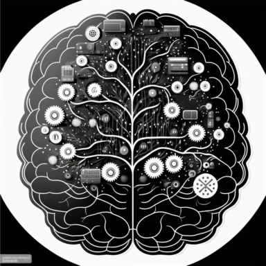 clipart of an electronic brain with music and sounds in the centre. Beautiful, flat, complex, manga style, black and white, round image borders