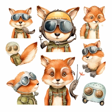 Wood Animals, Pilot Clipart, Aviator Clipart, cute sweet Fox Illustrations