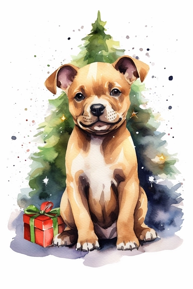cute smiling pitbull baby sitting next to christmas tree, watercolor, realistic, cute, adorable, unique, happy, clipart, no background, high quality, 8k