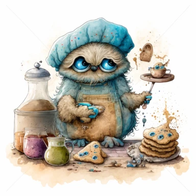 whimsical creepy fantasy oatmeal creature baking cookies, watercolor, concept art, clipart