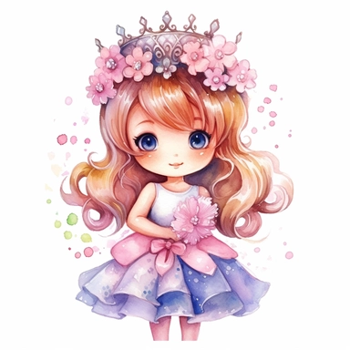 watercolor Cute Beautiful princess Clipart floral fantasy, Cartoon, hyper realistic, intricate detail, illustration style, high resolution, on the white background