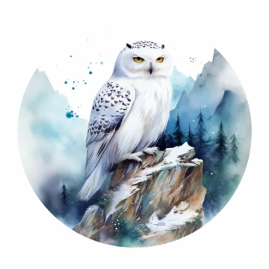 a snow owl clipart, oil painting and alcohol ink illustration, circular magical snowing mountain background, fantasy and magical, snowing, standing on a rock, with small plants on the side of the rock, uhd, close-up lens, on white background
