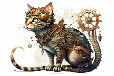 clipart, A beautiful cute cat with a steampunk-style mechanical fish in its paws, hd, on white background,