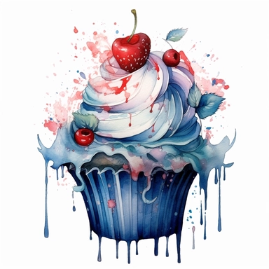 realistic fantasy magical gothic cupcake watercolor clipart, have the cupcake with floral, blue red and grean, white background
