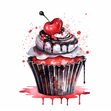 delicious halloween cupcake with queen of hearts, watercolour illustration clipart, extremely detailed, 4k, high quality, colour scheme black, red and white , , isolated on white background - <@1098423716465102849> (relaxed) - <@1098423716465102849> (rela