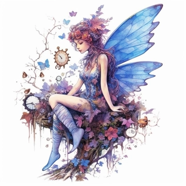 In a hidden corner of a clockwork forest, a whimsical pixie in vibrant blue, pink, and purple hues delicately balances on a branch, her wings gleaming with metallic accents. White background, intricate details, retro-futurism, watercolor clipart, hyper-realistic.
