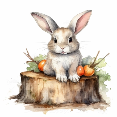 watercolour clipart cute baby rabbit eating carrot on a wooden log