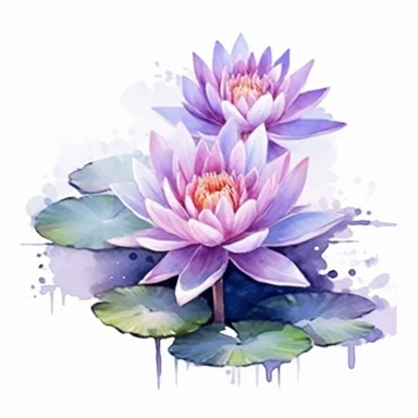 lotus flowers with violet blossoms floating on the water artistic watercolor with a delicate touch with shadow gradation white background clipart high quality 8k hyper detailed