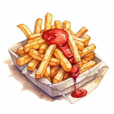 jamy tastyfries with mayonnaise and ketchup, white backgroung watercolor painting, mixed media, isolated, Extremely detailed, white backgroud, clipart