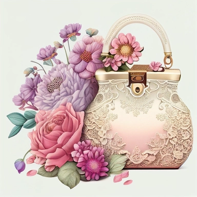 fashion composition with flowers, designer purse, designer parfum girly, lace, colorful, iridescent, elegant, glamor, sophisticated, atmosphere, white background, clipart