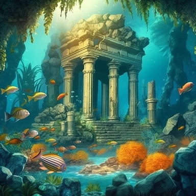 realistic clipart of enchanted underwater coral reef with ancient greek temple ruins tropical fishes within, digital painting