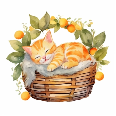 Watercolor kitten peacfully sleeping in a laundry basket clipart, surrounded by oranges and orange leaf and branches, couple of oranges, high detail oranges, high quality drawing, high quality, body visible, summer colors, hairs are visible, variety of kitten type, summer day theme, valentines day theme, full body kitten, crawling in basket, peacefull fealing, childlike innocence and charm, peacefully sleeping cat, shy kitten, oh my god I wanna hug it, Oh my god its so cute, hand painted waterco