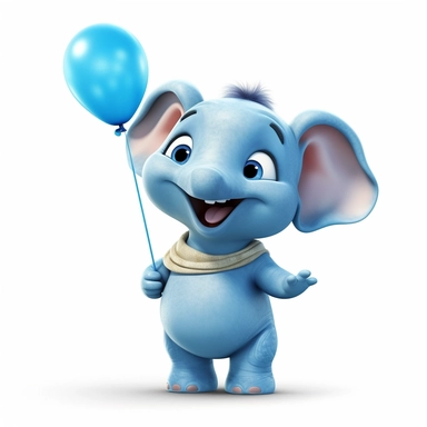 pixar style cute baby elephant clipart on white background, smiling, with a balloon, full body