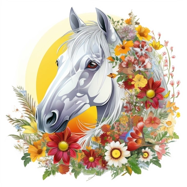 hyperrealistic, beautiful white horse head, grass and wild flowers with sun, cartoon style, no background, no shading, white background, funny and fruit, fantasy, Realistic colorful magic musroom, clipart background, sticker, drawing, fantasy, lot of details, psychedelic, no watermark, red,