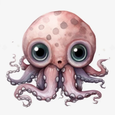 Watercolor: octopuses with big eyes, kawaii. png Full body realistic cartoon 32k UHD cute. 15 cm thick outline. Black color. There was no shadow on the ground. with realistic watercolors and detailed illustrations. Cartoon, PNG clipart, transparent white