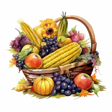 watercolor colorful clipart of a bountiful cornucopia, hd, on white background