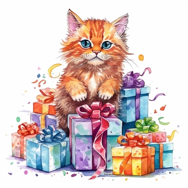 please create watercolor clipart of a cat, smiling, wearing party clothes with birthday presents, vibrant colors,intricate details, isolated on white background, vivid colors, hdr, 8k