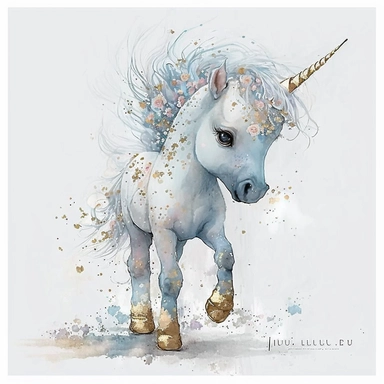 Upscaling image #1 with <https://s.mj.run/VVu0lg19AyI> fantasy baby unicorn, clipart watercolor illustration, aquarallist, cute, big eyes, pretty aqua, unicorncore, fairycore, free brushwork, watercolor, light and bright, four legs, gold horn, sparkle, sparklecore, detailed, isolated on a white background,