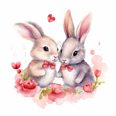 watercolor bunnies in love clipart on white background