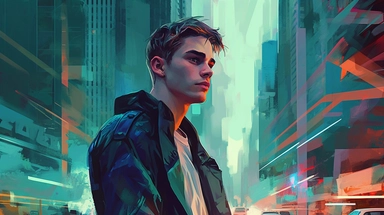 beautiful stunning pretty vintage, futuristic bladerunner style young man, paint art style, clipart, city landscape background, superrealistic, one of a kind