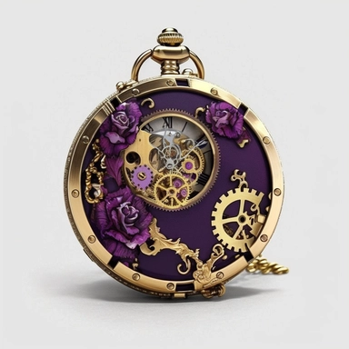 Steampunk pocket watch with a purple face and gold gears ,watercolor, Steampunk, dark purple color theme, Detailed, clipart, sweet, png transparent background