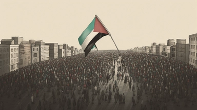 march of crowd of people raising palestine flags on a road + birdview +dark color tones+ vintage drawing style ,clipart drawing,clipart image,high definition drawing,clean colors,balanced colors,detailed drawing,
