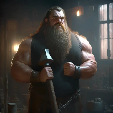 a big burly man, big as a bear, very hairy, long hair, big beard, strong jaw, thick muscles, blacksmith, holding a hammer, standing in a smithy, low light, clipart, super realistic, hyper realistic, 4k--v 5