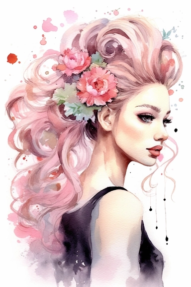 a cute cartoon pretty young Girl with a high white and pink ligth colored bun and roses sparkling around her profile, long curly hair with mini flowers in head, portrait, daydreaming expression in watercolor form, sarah kay and holly hobbies, clipart, watercolor, smiling, on a white background, daydreaming expression in watercolor form