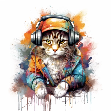 colorful cat art, full body, wearing cap and headphones, clipart, white background