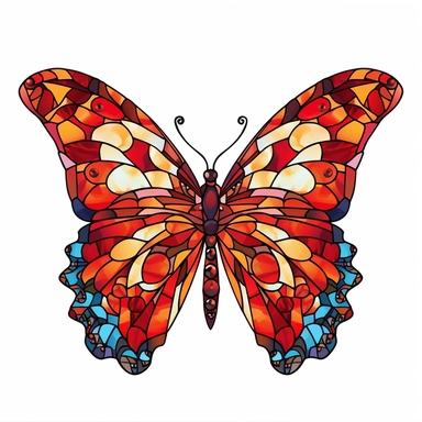 A stunning clipart of a red-dominated stained glass butterfly, showing off fiery and vibrant hues in a hyper-realistic style white background