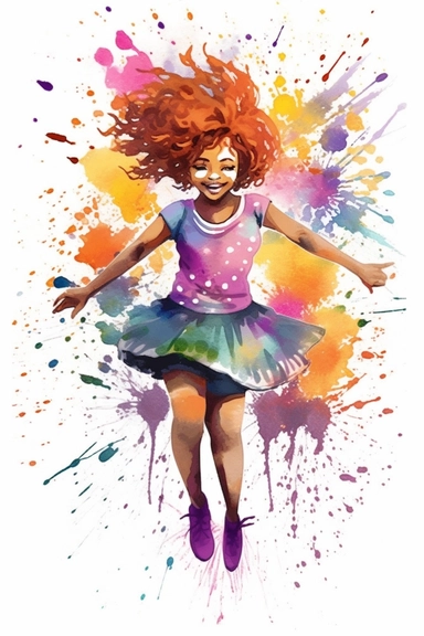 An exuberant clipart featuring an African American girl with a playfully textured hairstyle, sporting fashionable and whimsical clothing, set against a high-resolution and transparent background. The scene is rendered in a vibrant watercolor art style, with fluid brushstrokes and splashes of color that bring a sense of liveliness and energy to the image.