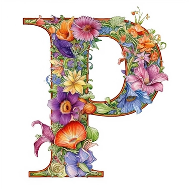 A digital illustration of the flower alphabet clipart for the letter P featuring a vibrant and whimsical style reminiscent of the works of Beatrix Potter. The letter P is creatively formed by a variety of colorful and intricate flowers, each with its own unique shape and petal arrangement. Against a clean white background, the floral P stands out prominently, exuding a sense of elegance and natural beauty. Soft, diffused lighting ensures that every detail of the flowers is showcased with clarity