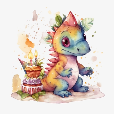 High resolution, cute dinosaur holding birthday cake, watercolor clipart, completely white background