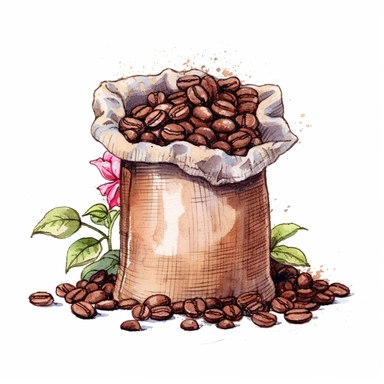 Create individual watercolor clipart images of a vintage café spring coffee beans in a bag